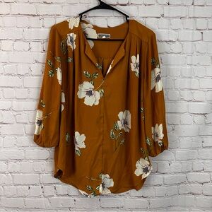 Pleione Mustard Yellow Floral Blouse Top Size M
